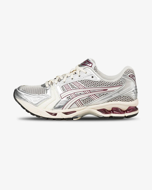 asics shoe, side view, beige shoe, red details