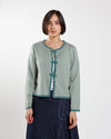 Blue beams boy china trim cardigan, front view