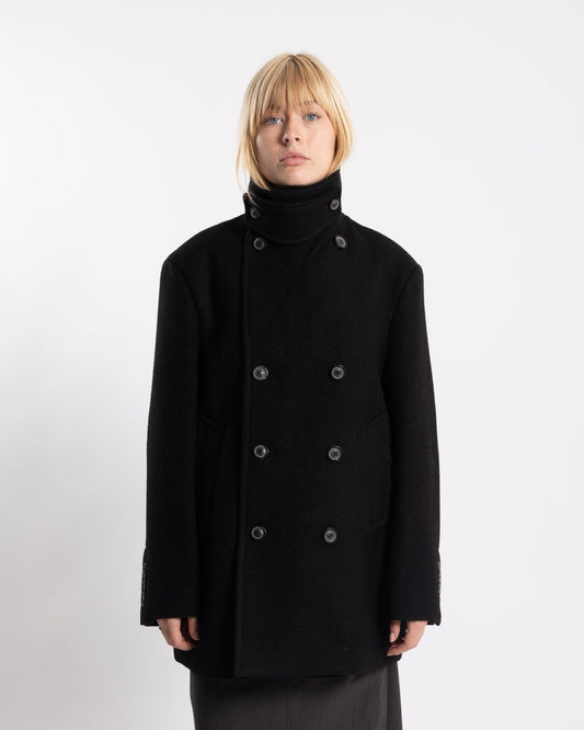 COOR Virgin Wool Broken Brush Pea Coat Black
