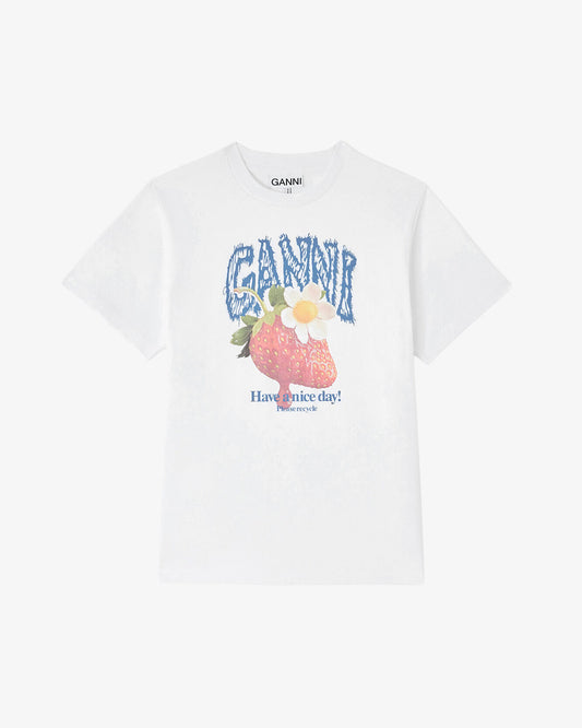Ganni Basic Cotton Jersey Strawberry Print White