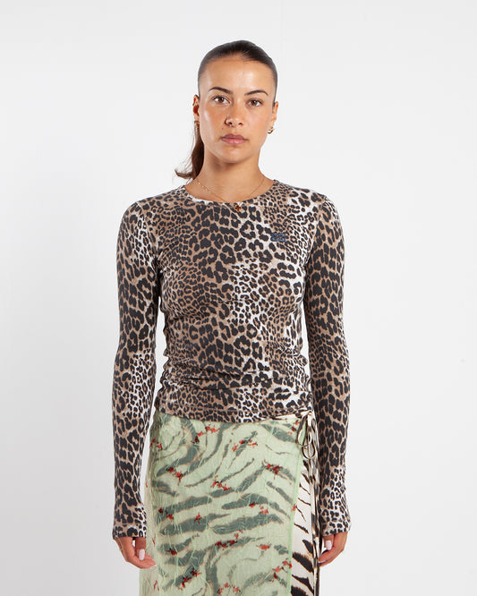 Ganni Leopard Printed Mesh Long-sleeve Blouse