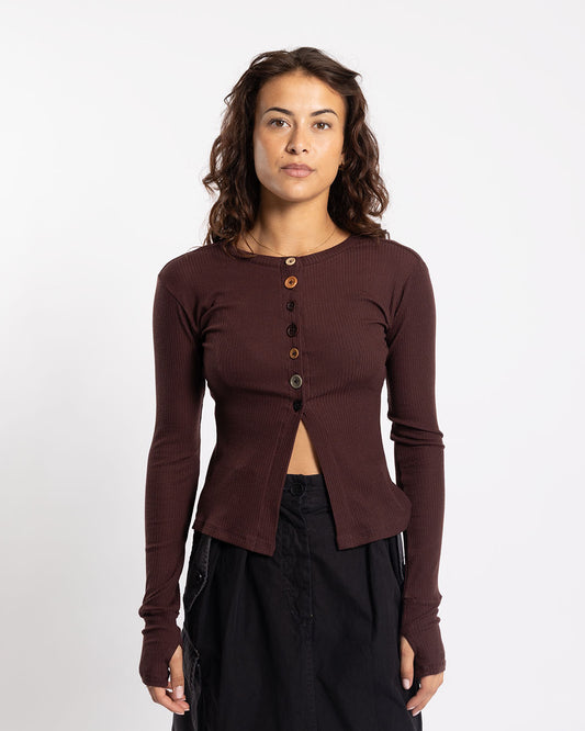 Nomarhythm Textile Multi Button Rib Cardigan Brown