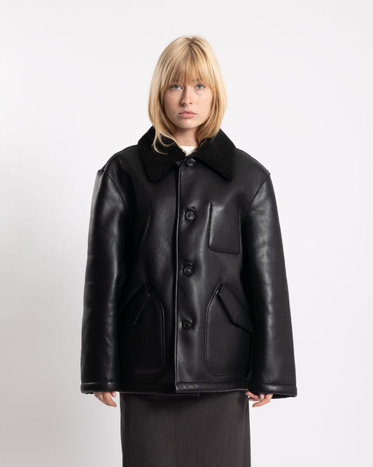 COOR Linking Binding Fake Shearling Half Coat Black