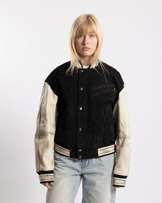 COOR Mixed Leather Varsity Jacket Black