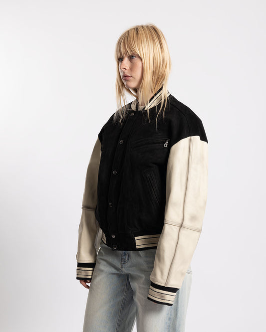 COOR Mixed Leather Varsity Jacket Black