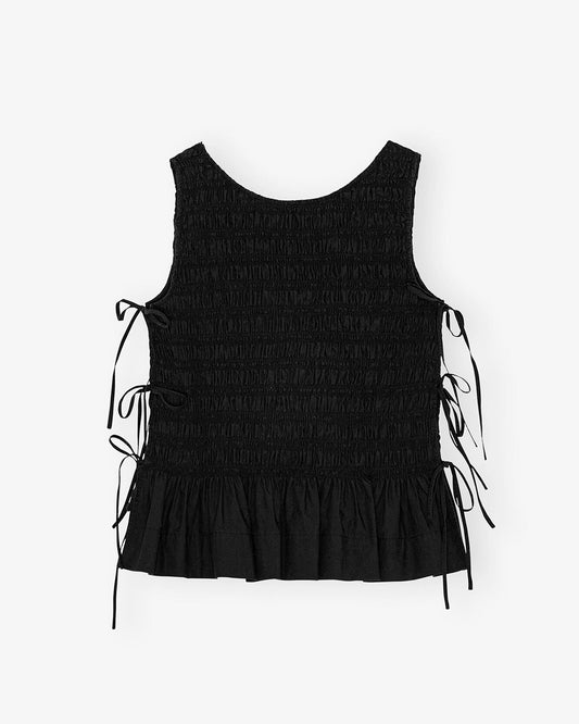 Ganni Cotton Smock Tie Top Black