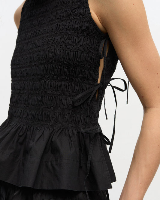 Ganni Cotton Smock Tie Top Black