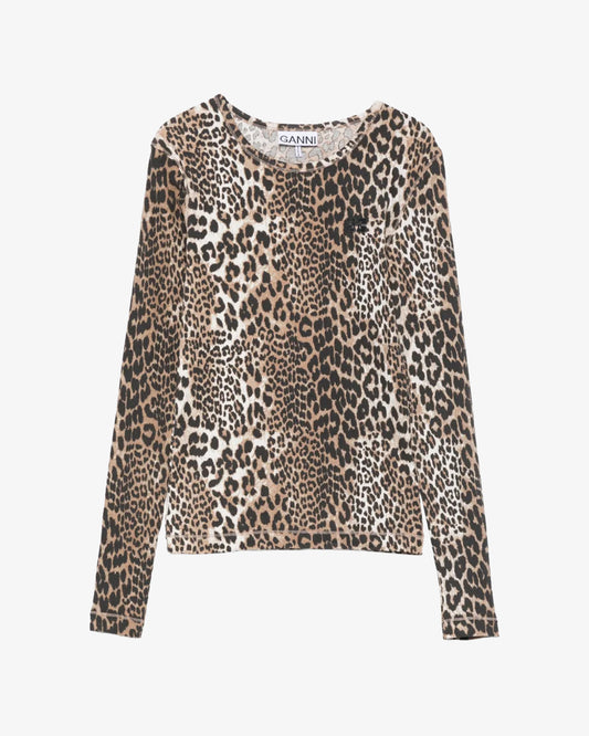 Ganni Leopard Printed Mesh Long-sleeve Blouse